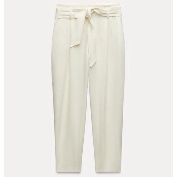 Zara Women's White Belted Paperbag Pants High Waist Front Pleats Size US XL NEW - Picture 1 of 10